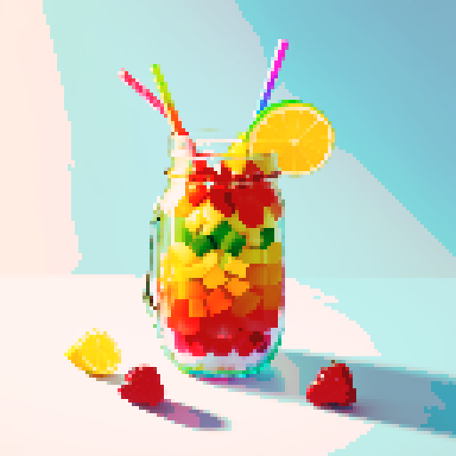 rainbow drink in mason jar with fruits, white background
