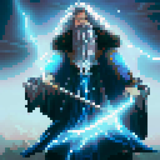 Thalrin Stormcaller, powerful storm wizard, with long, wild silver hair, piercing blue eyes reflecting mastery over storm magic, adorned in blue and white robe with lightning bolt motifs, holding sparking staff topped with lightning bolt, against stormy sky with dark clouds, flashes of lightning Style: pixel art