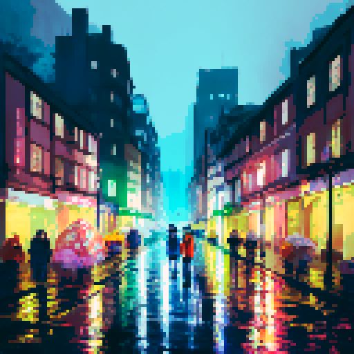 colorful umbrellas, wet cobblestone streets, towering skyscrapers, shimmering reflections in puddles, misty neon lights, people huddled under awnings, rain-soaked flowers, silhouettes of city dwellers with umbrellas, cascading water droplets on windows, a foggy skyline