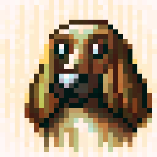 chocolate american cocker spaniel sitting, playful expression on its face, docked tail, shiny fur, expressive eyes, wagging tail, ears slightly lifted, game icon, 32x32 pixel art, sRGB, skill art, close up, portrait