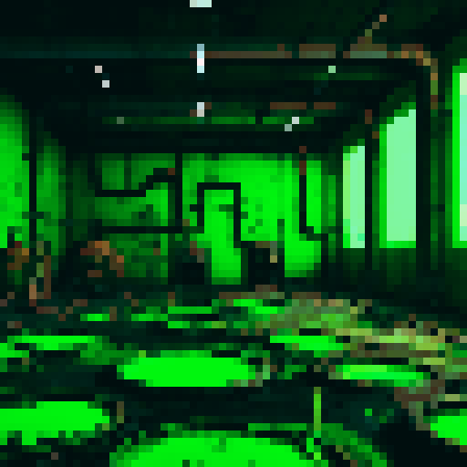 Corrosive Waste Factory
"An eerie, abandoned factory with pools of glowing green corrosive liquid, rusted metal machinery, leaking pipes, and a toxic atmosphere. The floor is corroded with holes, and the walls are covered in grime and rust. Dim industrial lights flicker in the background."