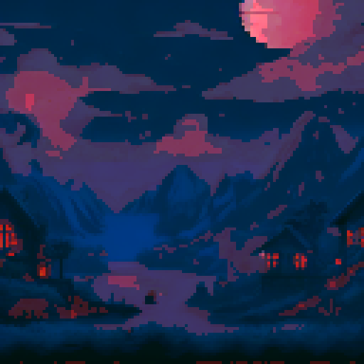 Generate a scene depicting a village under attack by night creatures for a game set in an apocalyptic world. The village should be nestled in a valley surrounded by dense forests and looming mountains, with a full moon casting an eerie glow over the landscape. Buildings should be ablaze, with flames licking the night sky and casting flickering shadows. the image should be 16:9 ratio and the colors used should be dark