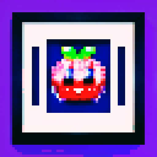 blueberry-made art frame, pixelated fruits in vibrant colors, void inside, dark background, sRGB