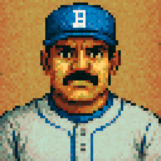Can you make an image of a baseball coach?  Pixel perfect pixel art.  The level of detail should be similar to that of Sonic of the Hedgehog.  Use dithering and anti-aliasing when needed.  Make the coach like the health UI character from Wolfenstein 3d.  Give him a neutral expression.  His jersey should be gray with blue accents.  His had should be blue with white accents.  Can you make the coach latino with a mustache?  