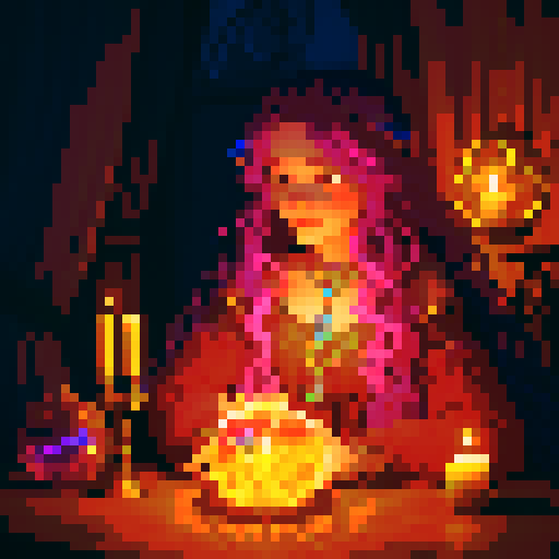 High definition image of a young bohemian witch with flowing hair and colorful attire, gazing into a glowing crystal ball, view as if you are the client, surrounded by magical items and candles.
