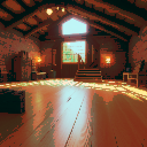 A rustic indoor battleground with a polished wooden floor in the foreground, slightly tilted and sloping upward into the distance. The bottom-left corner is clear and open for a player's perspective, while the middle-right displays warm-toned brick walls, wooden beams, and scattered antique furniture. Soft ambient lighting creates shadows and a cozy, enclosed setting suitable for a balanced battle environment.
