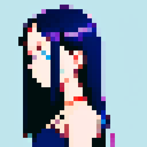 young woman, straight gaze, dark shoulder-length hair, blue colors, pixel art, sRGB