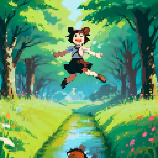 Create an image of a whimsical cartoon bear chibi character. The character is small, with a simple brown body and round black eyes. It is joyfully jumping over a puddle in a muddy forest path, using a makeshift stick as a pogo stick. The background should depict vibrant green trees and shrubs, capturing a playful and adventurous scene.