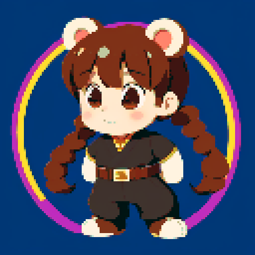 This image features a stylized bear inspired by retro 1995 anime, in a chibi art style. The bear has expressive black eyes and a brown skin. The hair is styled in long twin pigtails, the bear has magical clothes with belts and various patches. This bear has a mascot pose. The background depicts a detailed wild magic night with shining stars and a dark waterfall. This is a typical example of how popular anime characters