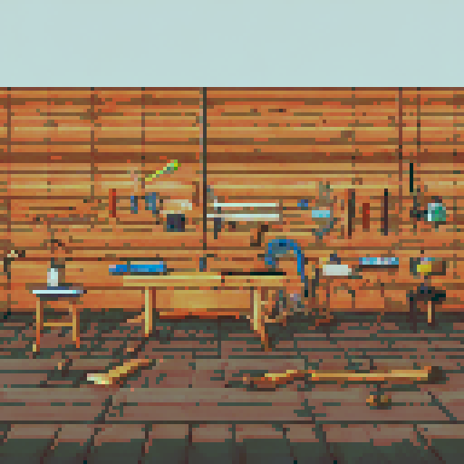 It is the 19th century, A cluttered workshop with wooden boards on the floor, walls adorned with woodworking tools, workbenches scattered with tools, in a 16bit pixel art style