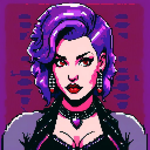 plus size, busty, greaser goth girl with medium length purple hair, black eyeshadow, and red lipstick, wearing a low-cut studded leather halter top and studded collar, posing for a glamour shot photo, creating a whole head portrait as an avatar photo, with vibrant sRGB colors, pixel art, and an edgy aesthetic