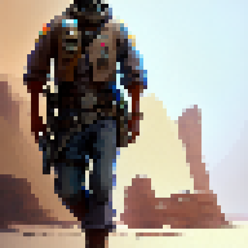 Old west marshal equipped with a sci-fi blaster, with a transparent background, with a moody and muted color palette and a stylized character sprite that fits perfectly into a top-down fantasy RPG game.