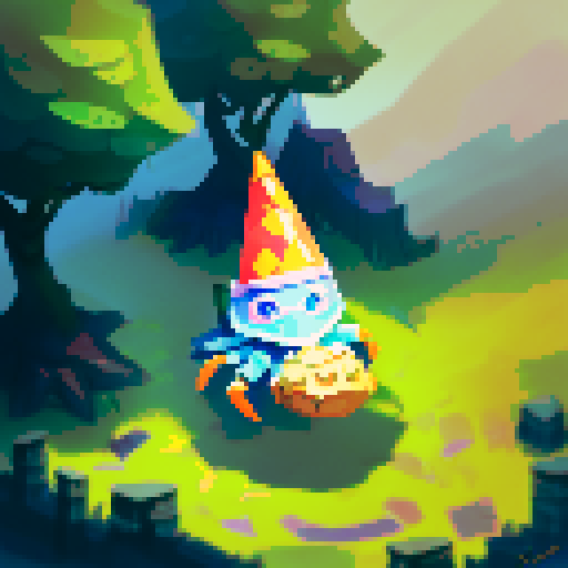 Orange-shelled crab magician wearing a cone hat, surrounded by twisted trees and ominous clouds, evoking a sense of mystery and magic in a dark fantasy landscape portrait