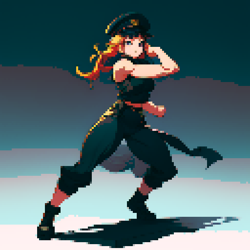 full-body image, muscle girl, female, thick biceps, big shoulders, big fists, muscular physique, thick waist, facing left, ready to fight, exaggerated proportions, black military uniform, black hat, military backdrop, sRGB, pixel art, no background, no backdrop, facing left, fists raised, ready to fight, full-body