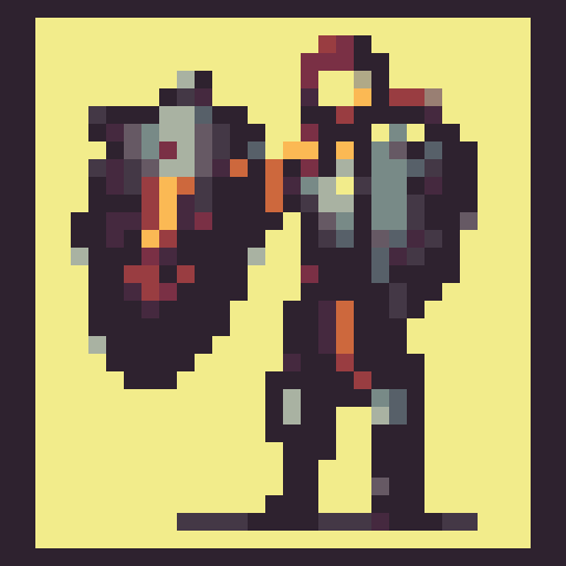 valiant knight, brown-haired, no helmet, wielding sword and shield, shield embossed with golden "V", oblique side view. character sprite