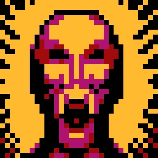 psychosis, intense stare, distorted face, vibrant colors, pixelated details, bold lines, exaggerated expressions, 32x32 pixel art, game icon, sRGB, skill art, close up, portrait
