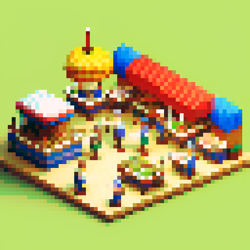 bustling Dining hall with characters eating burgers and a worker at a checkout desk in the center