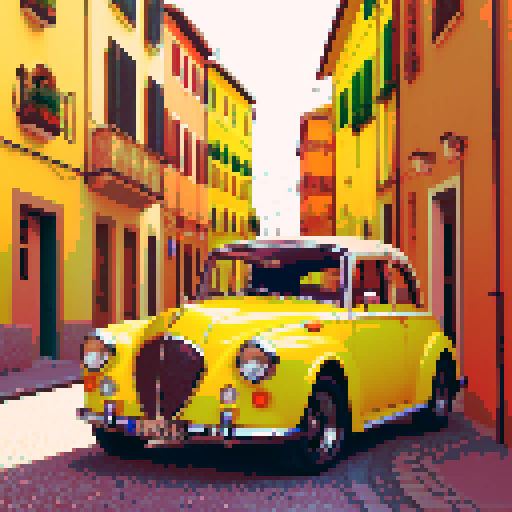 vintage car, vibrant colors, in a colorful italian city road