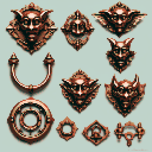 simple, geometrical pieces copper from old door knocker and gargoyles. Steampunk. It should be seen as if on a wall, with no perspective, on a solid-color background. There should one be two or three pieces in each frame, it shouldn't be complete.