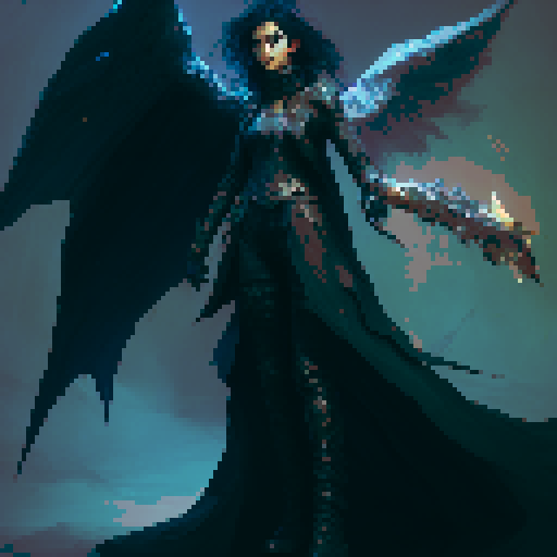 Final Boss, with demon wing, angel wing, wielding a long sword, flowing long black hair, wearing boots and a leather outfit, exuding an evil aura, in a fantasy RPG style