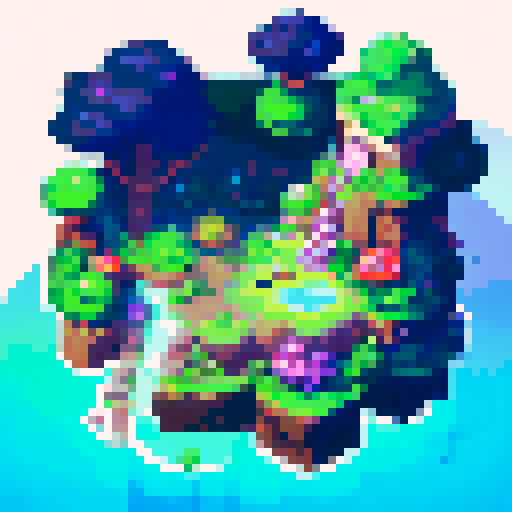 Bushy-bearded programmer furiously typing at desk with black-and-white cat lounging atop computer tower amidst a retro game-style, pixelated landscape with vibrant sRGB colors