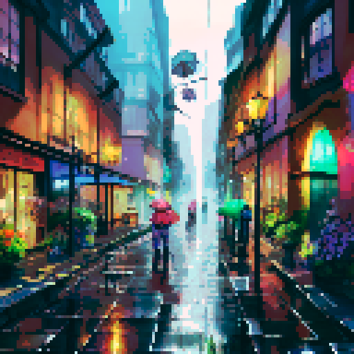 colorful umbrellas, wet cobblestone streets, towering skyscrapers, shimmering reflections in puddles, misty neon lights, people huddled under awnings, rain-soaked flowers, silhouettes of city dwellers with umbrellas, cascading water droplets on windows, a foggy skyline