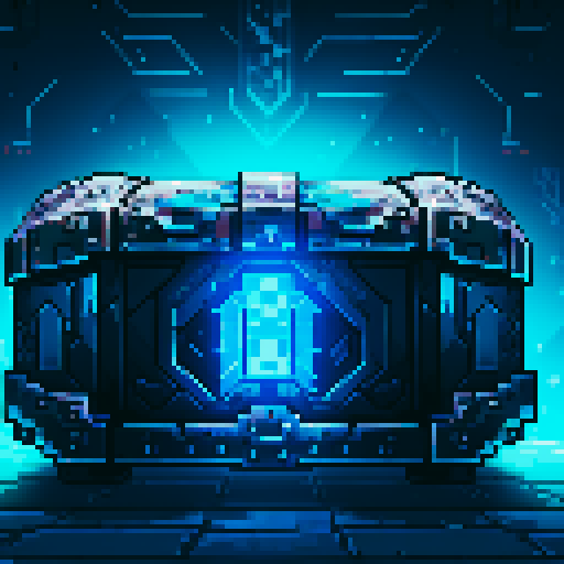 mystery box, stone, metall, shiny, pixel art, sRGB, vibrant colors, glowing lights, intricate patterns
