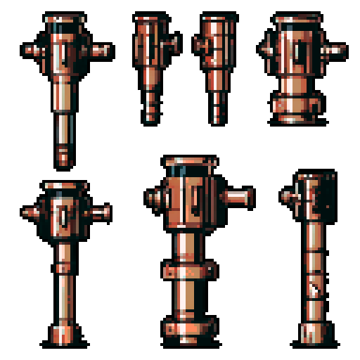 I want a tall vertical copper structure reminiscent of a minigun's barrel. It should have strange mechanical details that could interlock with each other. I also want this object usable an asset in a videogame, meaning only one object per image, outlined with a strong black stroke, on a solid-color background.
