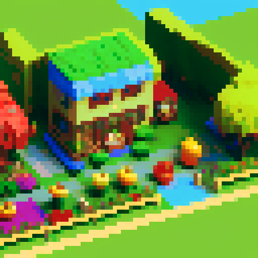 Create a vibrant, pixelated map of a farm-to-table kitchen for the first level of Dr. Ketchup's video game, featuring a lively garden full of fresh vegetables and a bustling kitchen area equipped with classic cooking tools, all rendered in a colorful and stylized pixel art style. Create a pixel art map for the first level of the Dr. Ketchup video game. This level will be the introduction to the world of Dr. Ketchup, setting the tone for the rest of the game. The map should be a stylized version 