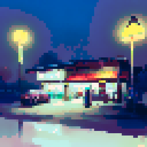 gas station exterior at midnight, illuminated by fluorescent lights, capturing the stillness and solitude, with a touch of mystery