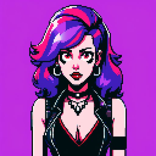 busty greaser goth girl, with long purple hair, eyeliner, red lipstick. wearing bikini, studded collar. Posing for a whole head portrait, avatar photo. vibrant sRGB colors, pixel art, edgy aesthetic