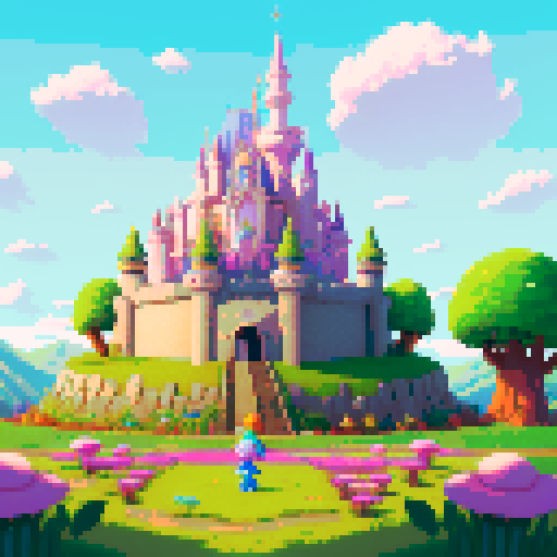 A magical battle arena with a slightly tilted grassy battlefield in the foreground, sloping upward into the distance. The bottom-left corner is clear for the player's perspective, while the middle-right shows vibrant mushrooms, glowing flowers, and the path leading toward a tall, enchanting castle in the background. The entire scene is framed by luminous trees and pastel skies, blending whimsy with balance.