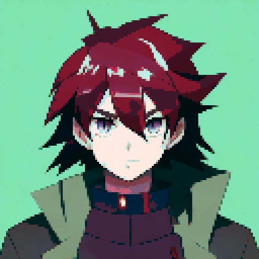 Demon slayer with fiery red hair and piercing green eyes stares fiercely at the viewer in a close-up character portrait, rendered in a vibrant anime style with intricate pixel art details.