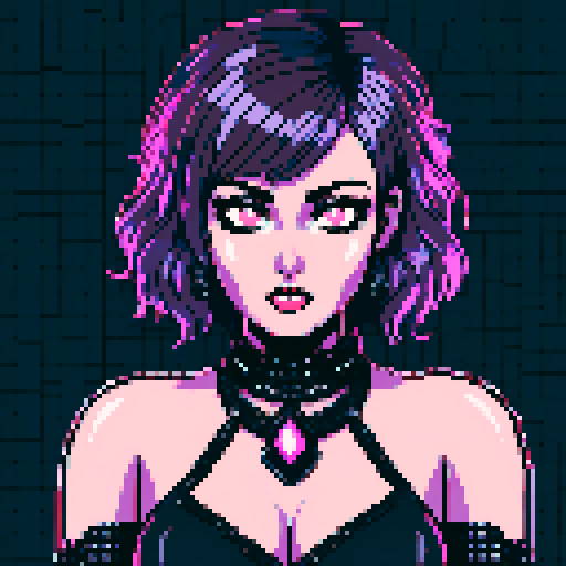 curvy, busty goth babe with studded collar. Portrait of head, Nude big titty goth, in a close up nude glamour shot. Neon lighting, modern tile backsplash.