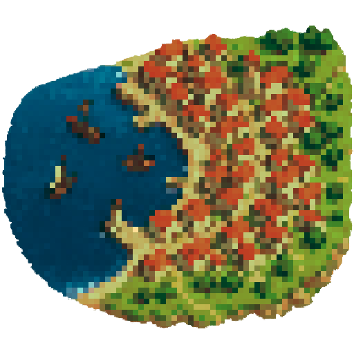 Coastal harbor town, high top-down view, transparent background, sRGB, pixel art
