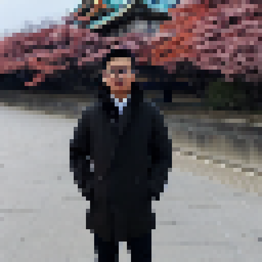 Potrait of tan indonesian man in front of osaka castle wearing black winter coat, black eye glass, and light brown turtle neck.