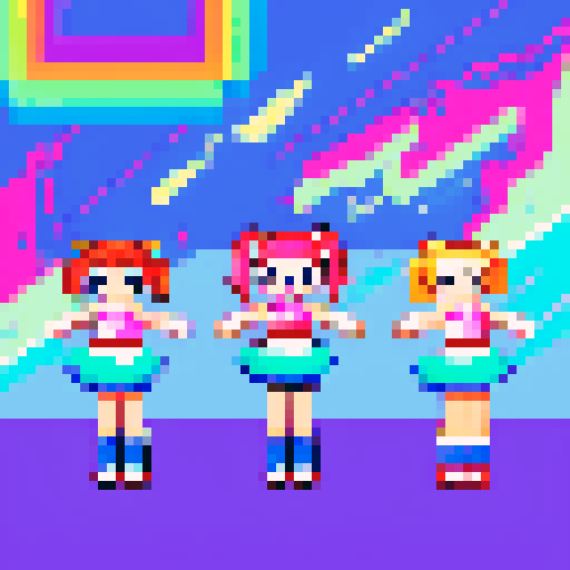 kawaii cheerleaders, pigtail hair, galaxy in the sky, meat background, neon colors