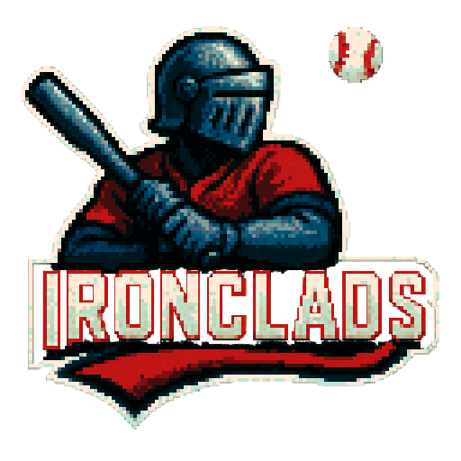 Pixel art of a fictional baseball team called the Ironclads. Dark blue, red and gray, sharp outlines, and soft pixel shading. The logo design mimics 80s MLB logos. Use a vibrant Sega Genesis 16-bit style with selective dithering, geometric forms, and nostalgic retro charm. Avoid modern gradients—keep it pure pixel art.