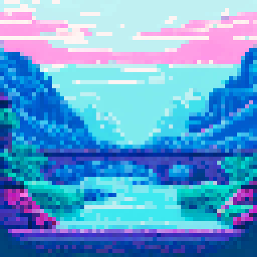 billowing northern lights reflected in a frozen river between high mountains over icy tundra and pines neon blue and pink with dark colors too