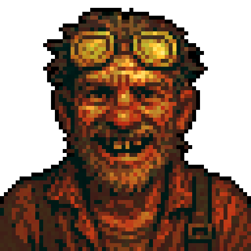 64x64 pixel art portrait, front-facing bust. Rusty the Wasteland Mechanic NPC from post-apocalyptic survivor game. Weathered face with scruffy graying beard, cracked yellow safety goggles pushed up on forehead, wild manic grin showing gap-toothed smile. Dirt-smeared skin, oil stains on cheeks. Worn brown leather vest over faded orange work shirt. One suspender visible. Mad Max aesthetic meets 16-bit RPG character portrait. Muted palette: rust browns, dusty oranges, weathered grays, dirty yellows