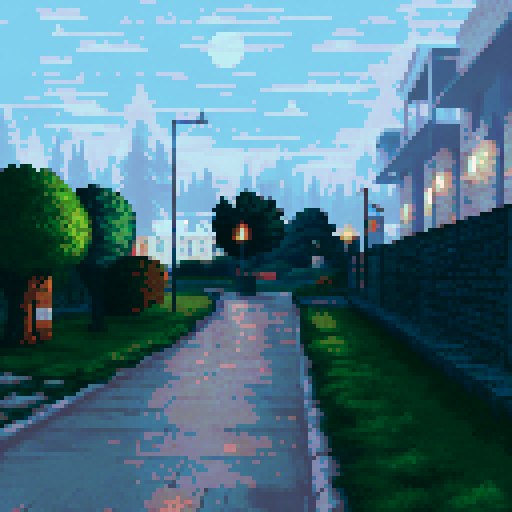 concrete pathway leading home, street lights casting long shadows at night, fire light, twinkling stars, moon light casting shadows