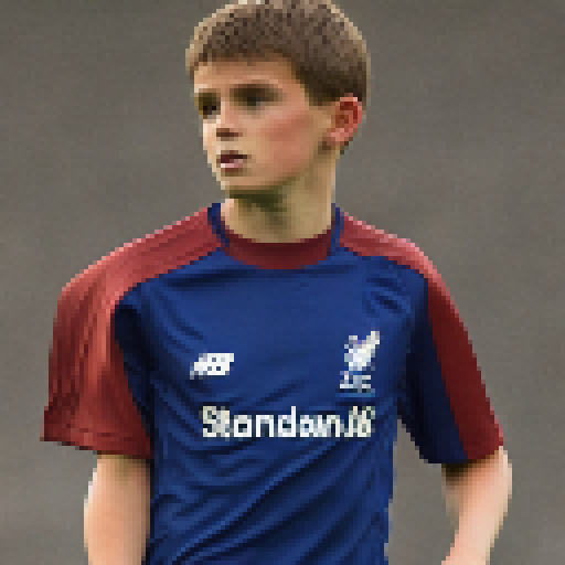 A boy with short light brown hair, blue eyes Liverpool football kit 