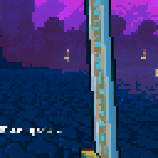 First-person view of a modern, pixel-style sword slicing through a vibrant, pixelated forest with a gleaming, metallic blade reflecting the vibrant, neon colors of the surrounding environment