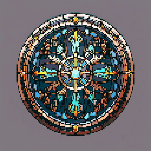 I want a beautiful circular stained glass window framed in copper with rivets around the edge. I want this object usable an asset in a videogame, meaning only one object per image, outlined with a strong black stroke, on a solid-color background.