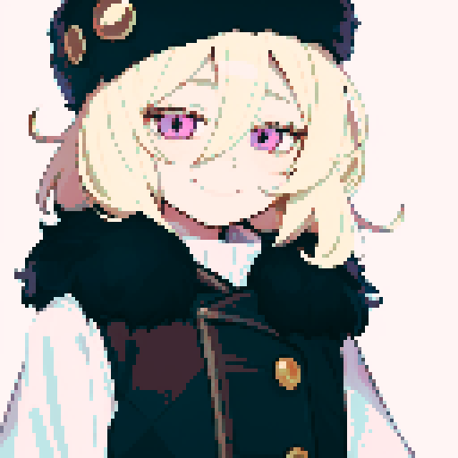 Solo male with perfect anatomy, straight-on, inframe, facing viewer, with round pupils, light blonde hair between eyes, wearing an ushanka hat with a black fur collar, a black vest, puffy sleeves, and black elbow gloves, his light pink eyes looking at the viewer, smile, in a pixel art style with sRGB colors, half closed eyes, best quality, stylised chibi,