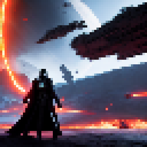 Putin, a Sith Lord with a flowing black cloak, wields a crimson lightsaber amidst a fiery battle on a volcanic planet, surrounded by legions of stormtroopers and an army of alien creatures.