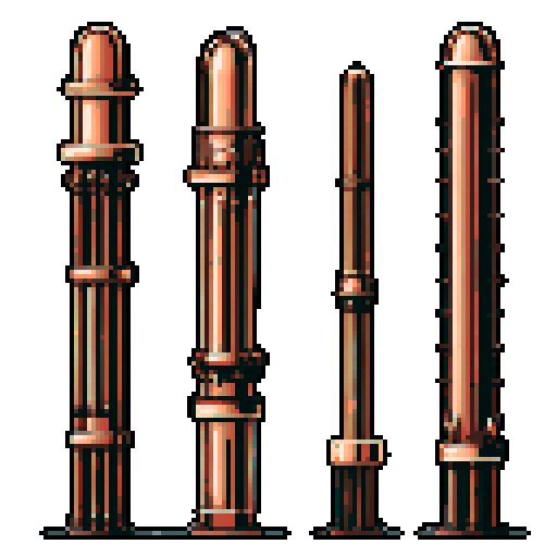 I want a tall vertical copper structure reminiscent of a organ pipe. It should have strange mechanical details that could interlock with each other. I also want this object usable an asset in a videogame, meaning only one object per image, outlined with a strong black stroke, on a solid-color background.