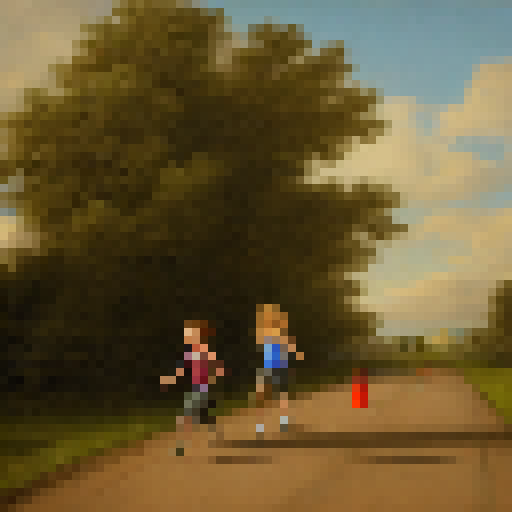 Two young adventurers dash across a busy city road, with oncoming cars approaching.