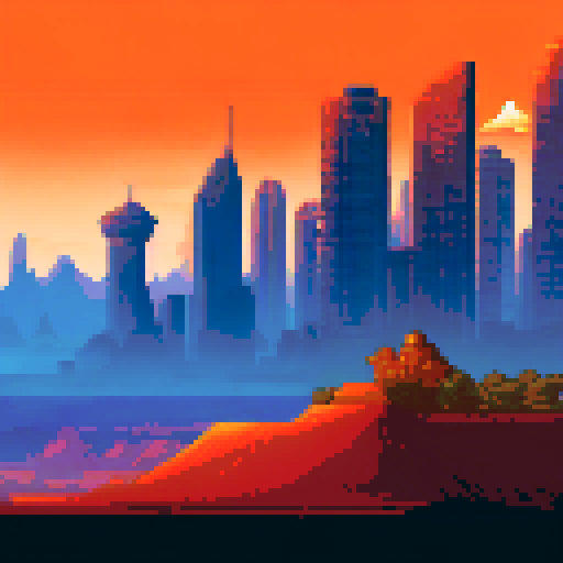 Crumbled skyscrapers jut out from a barren desert landscape, with sand dunes shifting in the foreground while a fiery red sky looms overhead, all depicted in a pixel art style with a moody sRGB color palette