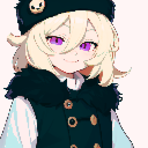 Solo male with perfect anatomy, straight-on, inframe, facing viewer, with round pupils, light blonde hair between eyes, wearing an ushanka hat with a black fur collar, a black vest, puffy sleeves, and black elbow gloves, his light pink eyes looking at the viewer, smile, in a pixel art style with sRGB colors, half closed eyes, best quality, stylised chibi,